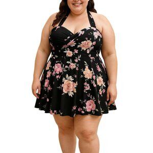 Cocopear Size 2XL One Piece Swimdress With Boyshorts Crossover Floral Skirted